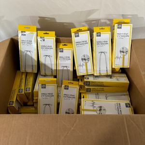 lot 94 image: Lot of 58 NEW In Boxes Medline&nbspMDS926108 Disposable Single Head Lightweight Aluminum Chest Piece and Binaural Stethoscopes - Yellow 
