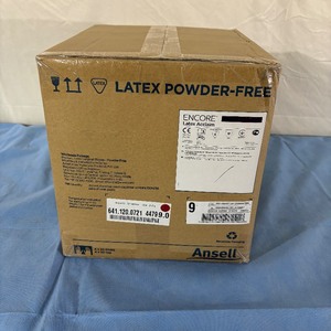 lot 106 image: MSRP $500  1 Case (200 pairs)&nbspEncore Acclaim Powder-Free Soft & Thick High Dexterity Surgical Gloves DERMASHIELD Technology for dry & damp donning&nbspChemo Tested Size 9 Ivory - Expiration 424 See Youtube For More Info
