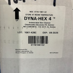 lot 127 image: MSRP $300  1 Case (10 each) NEW Xttrium Laboratories 4DY32PLBLB 32 fl oz. Dyna-Hex 4 Chlorhexidine Gluconate 4% Antimicrobial Skin Cleanser Solution - Expiration 925 
