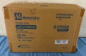 lot 134 image: MSRP $185  1 Case (200 each) Medical Action Industries 5-Pack 8 x 36 Single-Use X-Ray Detectable Pre-Washed Lap with Bands and Rings - Expiration 1027