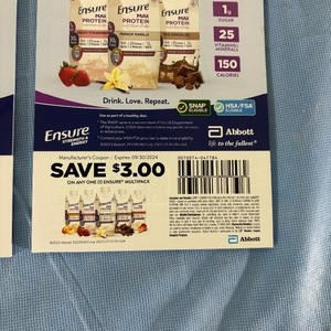 lot 183 image: Lot of 3 Multi-Sheet Packs Abbott Ensure Strength & Energy Manufacturers $3.00 Off Coupons for Any One (1) Ensure Multipack - Expires 924