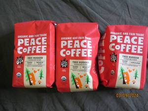 3 bags of peace coffee 12 oz bags tree hugger dark roast whole bean best buy date of october 2023
