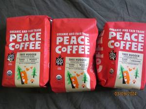 3 bags of peace coffee 12 oz bags tree hugger dark roast whole bean best buy date of october 2023