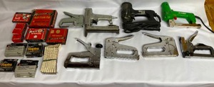 lot 112 image: Large Stapler Lot including Pneumatic Pastode, Electric Duo-Fast, Swingline Arrow and More with Staples