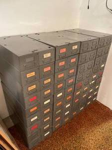 lot 139 image: Vintage Metal Record Files Company 72 Drawer Filing Storage System