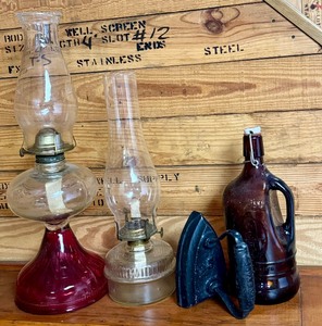 lot 219 image: Vintage Finds Including Banner Glass Oil Lantern and Vintage Glass Oil Lantern with Ruby Red Base