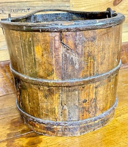 lot 214 image: Antique Primitive Wooden Bucket with Metal Handle