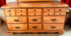 lot 230 image: Vintage Wooden Nine Drawer Dresser with Mirror