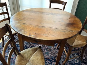 lot 62 image: Vintage Wooden Circular French Kitchen Table and Four Chairs Set