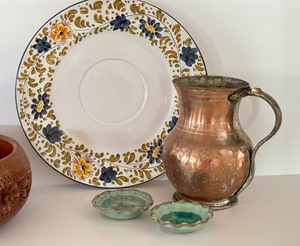 lot 44 image: Vintage Hand Made Metal Water Pitcher from Turkey, Wooden Carved Bowl, Italian Made Platter and More
