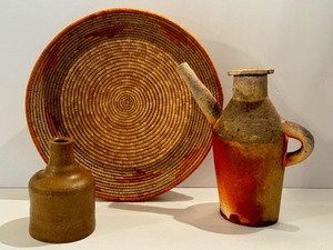 lot 57 image: Woven Basket and Two Pottery Pieces