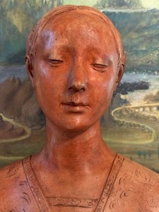lot 1A image: Handcrafted Terracotta Bust of Princess Ippolita Maria Sforza Francesco with Hand-Painted Scenic Artwork by Cy DeCosse