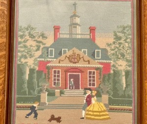 lot 121 image: Vintage Framed Needlepoint of Old Williamsburg