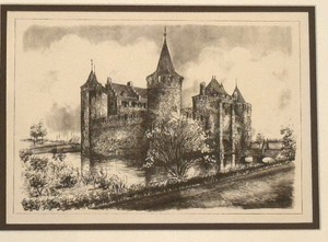 lot 134 image: Framed Vintage Black and White Drawing Print of a Castle