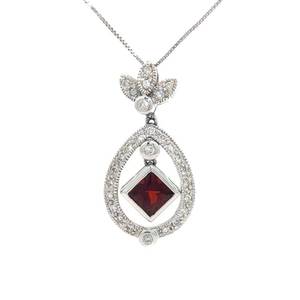 Square Garnet Bezel &amp Natural Diamond Pave Eternity Circle Leaf Cluster Drop Pendant in 14k White Gold $1950 Retail