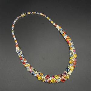 New, Excellent Craftsmanship 85.46 Carat Multi-Color Sapphire & Natural Diamond Cluster Necklace in 14k Yellow Gold Appraisal Value $55,880 (Included)