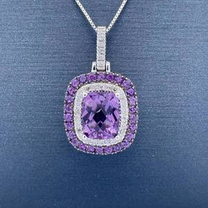 BRAND NEW Statement Checkerboard Cut Amethyst &amp Natural Diamond Double Halo Drop Pendant in 14k White Gold