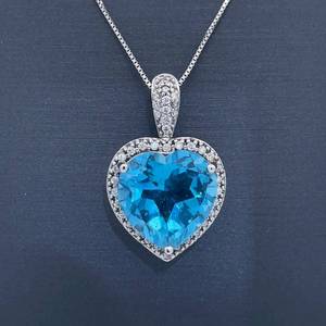 Vibrant Blue Topaz &amp Natural Diamond Halo Heart Drop Pendant in 14k White Gold $1680 Retail VIDEO