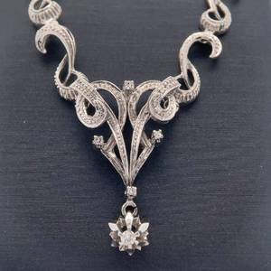 Upscale Natural Diamond Drop Scrolling Ribbon Vintage Highly Ornate Chevron Necklace in 18k White Gold Retail $3,250