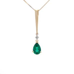 Pear Emerald Green Solitaire &amp VS-Clarity Natural&nbspDiamond Two-Stone Retro-Mod Linear Drop Pendant in 14k Yellow Gold $995 Retail