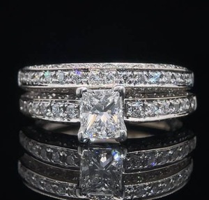 1.37 Carat Natural Diamond Engagement & Wedding Ring 2-Piece Matching Bridal Set in 18k White Gold $6,500 Retail VIDEO