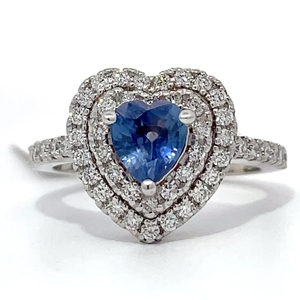 Natural Unheated Blue Sapphire & VS Clarity Diamond Double Halo Heart Ring in 14k White Gold Retail Replacement Value $11,460 w Original Sales Tag Attached VIDEO