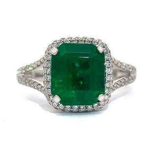 4.00 Carat Emerald w GIA Cert & VS ClarityF-Color Natural Diamond Halo Split Shank Ring in 18k White Gold Appraisal Value $31,470 (Included)
