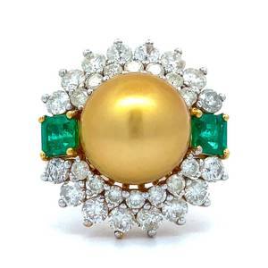 BRAND NEW Designer Oscar Friedman Gold South Sea Pearl, Natural Diamond & Emerald Cocktail Cluster Ring in 18k Gold Appraisal Value $15,6831 (Included) VIDEO