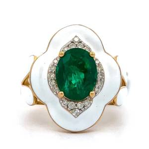 Oval Emerald & Natural Diamond White Enamel Ring in 14k Yellow Gold Appraisal Value $7,540 (Included) VIDEO