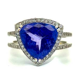 4.00 Carat Trillion Cut Fine Tanzanite & Diamond Halo Double Split Shank Ring in 14k White Gold $5595 Retail VIDEO