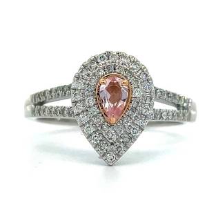 Designer Vera Wang Pear-Shaped Morganite & Natural Diamond Double Halo Split Shank Ring in 14k Two-Tone Rose & White Gold $2,376 Retail