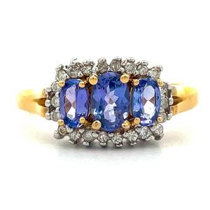 Tanzanite Three-Stone & Natural Diamond Ring in 14k Yellow Gold $1395 Retail