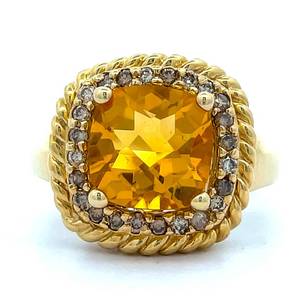 Vibrant Citrine & Natural Diamond Cushion-Shaped Twisted Rope Halo Sunflower Ring in 14k Yellow Gold $2,149 Retail VIDEO