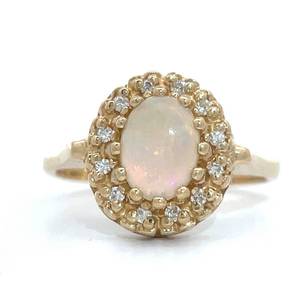 Oval White Opal Cabochon  &amp Natural Diamond Cluster Halo Vintage Estate Ring in 14k Yellow Gold Retail $1,950
