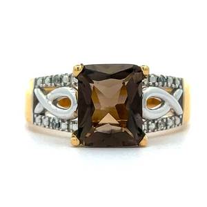 BRAND NEW Rectangular Smoky Quartz &amp Natural Diamond Love Knot Ring in 14k Two-Tone White &amp Yellow Gold Retail 1,295
