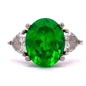 Vibrant Green Chromium Diopside Oval & Hearts Three-Stone Statement Ring