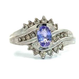 Oval Tanzanite & Natural Diamond Cluster Swirl Ring in White Gold $1400 Retail