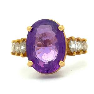 Extra Large Oval Amethyst &amp Marquise Natural Diamond Cocktail Ring in 14k Yellow Gold $1695 Retail