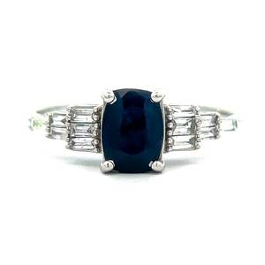 Blue Sapphire &amp Baguette Natural Diamond Step-Tiered Ring in 14k White Gold $1395 Retail