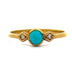 Round Turquoise & Natural Diamond Three-Stone Modern Rustic Dainty Ring in 14k Yellow Gold $795 Retail