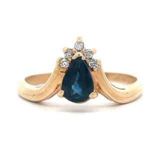 Pear-Shaped Blue Sapphire &amp Natural Diamond Asymmetrical Crown Ring in 14k Yellow Gold $1495 Retail
