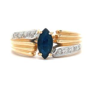 Marquise Blue Sapphire &amp Natural Diamond Retro-Mod Ribbed Texture Ring in 14k Yellow Gold $1295 Retail