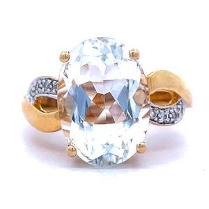 Natural Diamond and Large Oval Aqua Gemstone, Double Ribbon Split Shank Ring in 14k Yellow Gold $2100 Retail