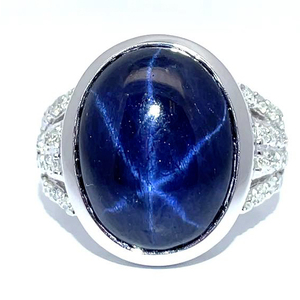 13.62 Carat Oval Cabochon Natural Star Sapphire & Natural Diamond Four-Row Ring in 14k White Gold Appraisal Value $9,570.00 (Included)