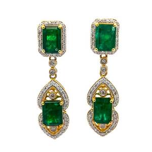 Designer ORIANNE 7.01 Carat Emerald & E-Color Natural Diamond Three-Stone Art Deco Styled Dangle Earrings in 18k Yellow Gold Appraisal Value $18,115 (Included) VIDEO