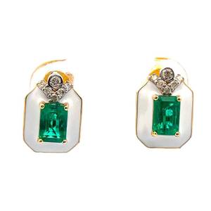 1.38 Carat Emerald & Natural Diamond White Enamel Geometric Stud Earrings in 14k Yellow Gold Appraisal Value $3,890 (Included) VIDEO