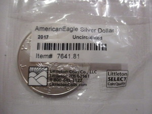lot 39 image: 2017 American Silver Eagle in Littleton sealed bag