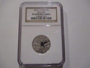 lot 42 image: NGC Certified 2003-S (San Francisco Mint) Proof 69 Ultra Cameo Missouri Silver Quarter #1539447-075