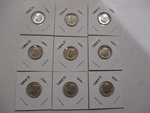 lot 50 image: Lot of (9) 1964-D Roosevelt Silver Dimes - Cartwheel Effect and Original Mint Luster