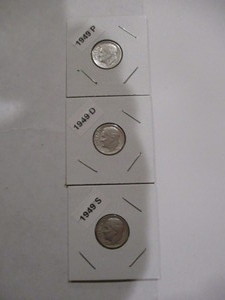 lot 53 image: 1949-P, D and S Roosevelt Silver Dimes
